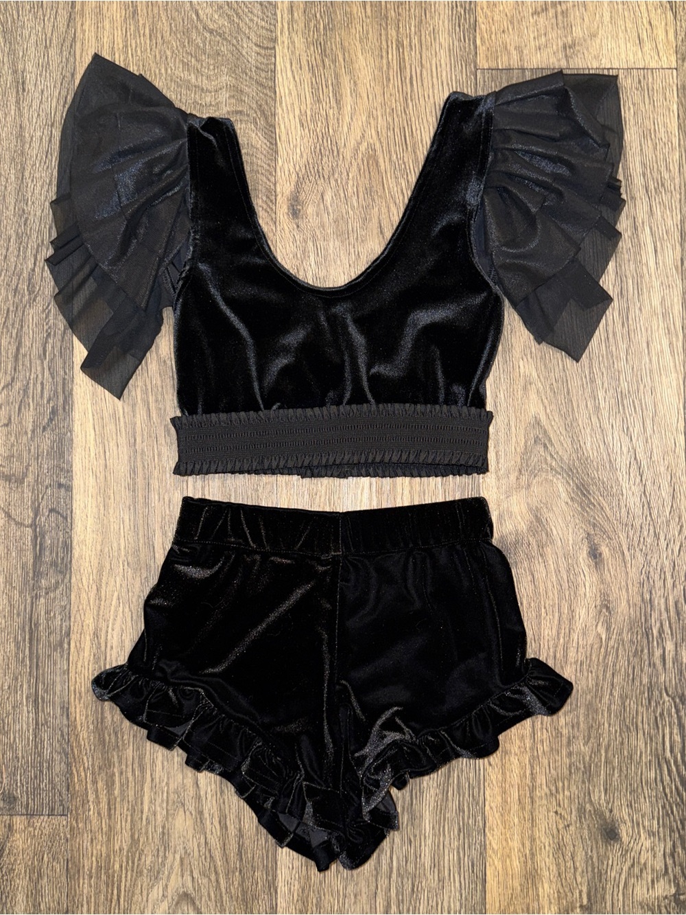Black Velvet Ruffle Crop Top and Shorts Set